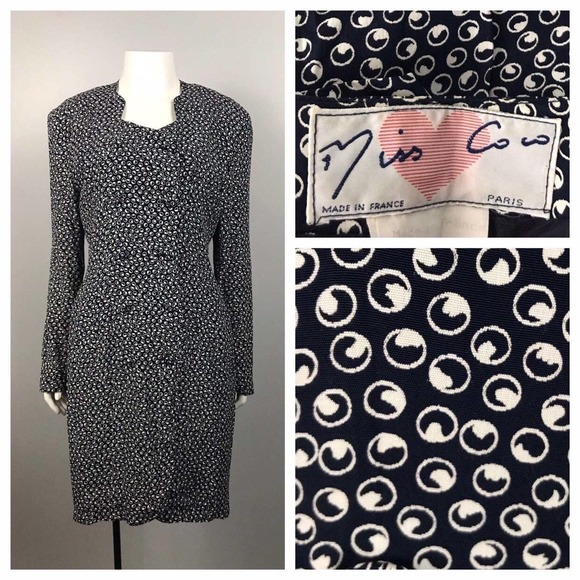 1980s Coco Navy White Polka Dot Button Up Designer Dress / Women’s Small - Picture 1 of 4